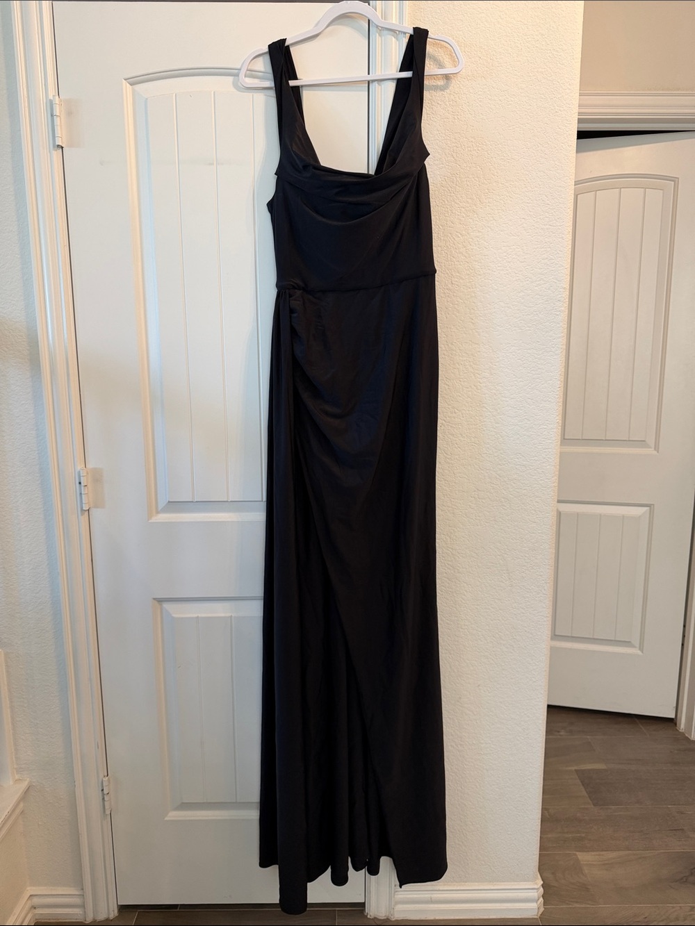 Sleek Black Maxi Dress with High Leg Slit and Draped Detail, Sz XL